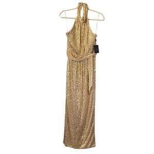 NWT IEENA Mac Duggal Gold‎ Sequin Halter Neck Column Gown Formal Evening Dress 8